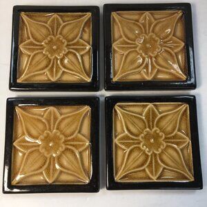 Handcrafted Majolica Style Drink Coasters Floral Ceramic Decor Gold Black